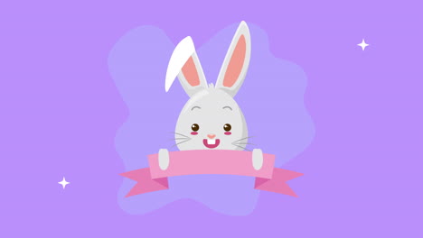 feliz tarjeta animada de pascua con un conejo lindo y un marco de cinta