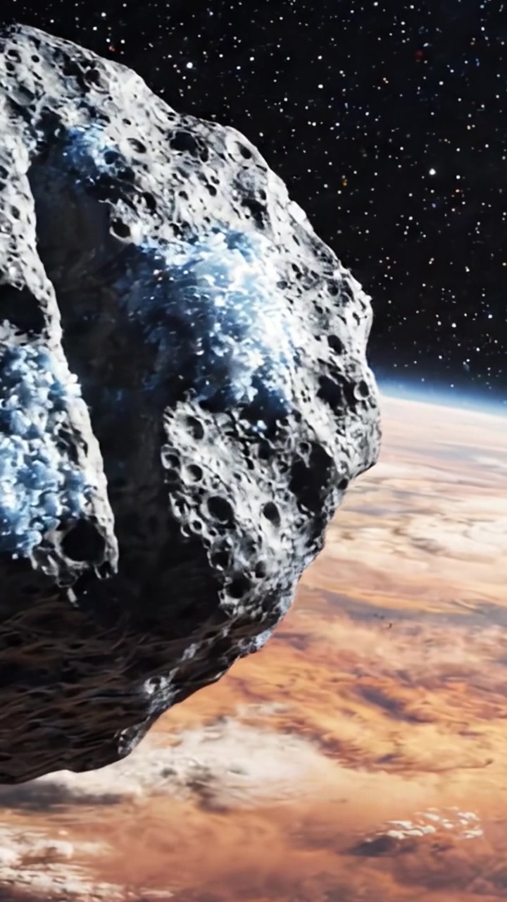 Maestoso viaggio cosmico: osservazione di un corpo celeste che transita nello spazio vicino a un pianeta distante con nuvole infuocate sullo sfondo