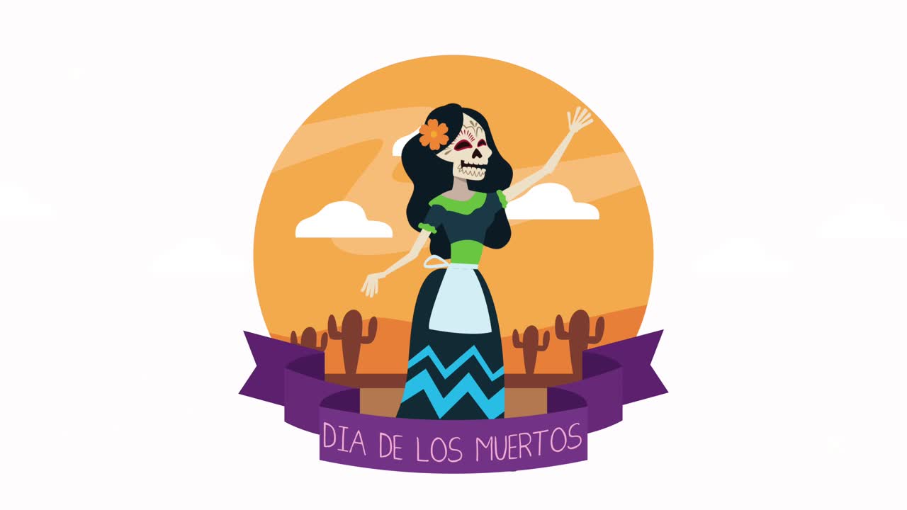 celebración del dia de los muertos con cráneo femenino en el desierto