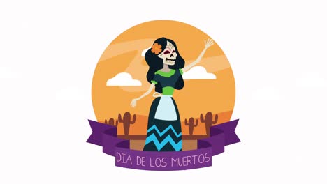 dia de los muertos celebration with female skull in desert