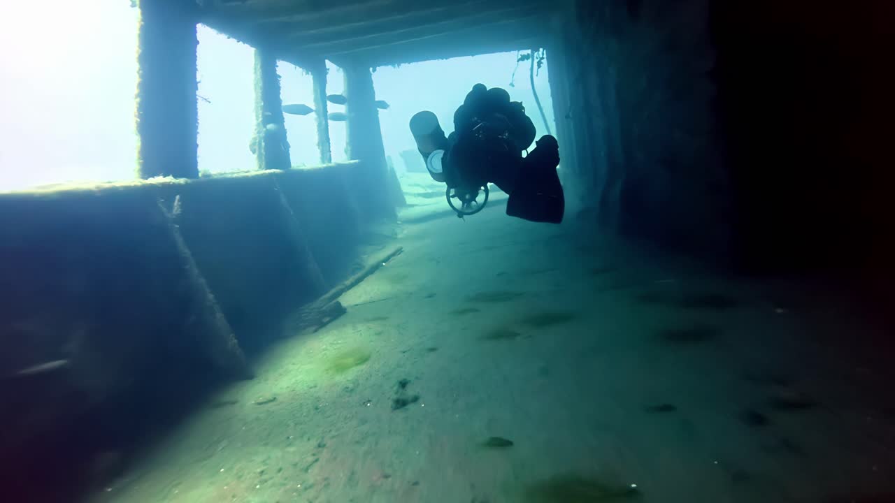 Subacqueo che esplora l'interno di un relitto affondato nelle acque cristalline del Mediterraneo di Gozo, Malta, con la luce solare naturale che filtra attraverso le aperture del ponte, creando un'atmosfera subacquea cinematografica