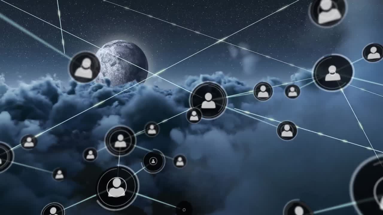 Animation of network of connections with icons over clouds and moon
