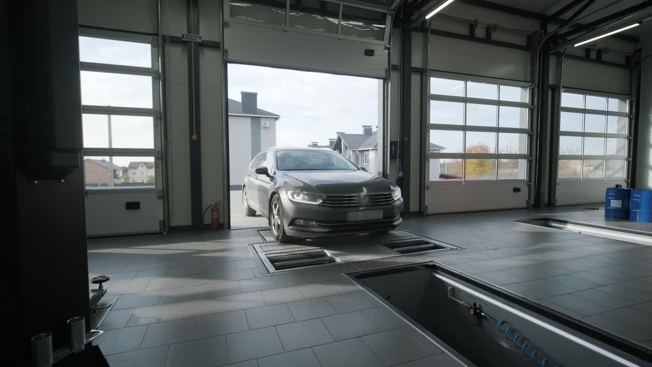 차량 엘리베이터, 도구, 작업 스테이션 및 기계가 작동하는 넓은 자동차 워크. 자동차 수리 및 유지 보수를 위해 설계 된 밝은 산업 공간