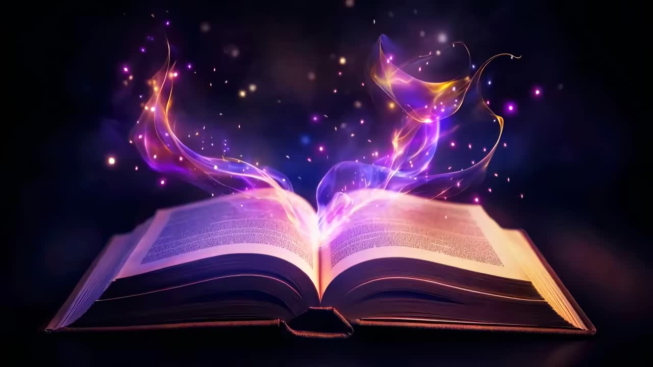A magical book emits colorful, swirling lights. Shot from a low angle, this fantasy video captures