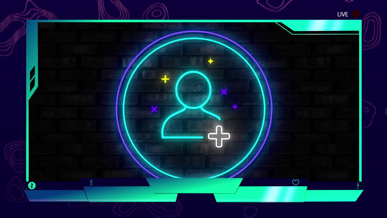 네온 파란색을 통해 디지털 인터페이스의 디지털 애니메이션 벽돌 벽에 친구 아이콘을 추가