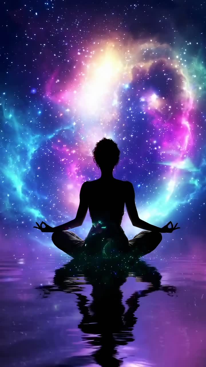 Silhouette che medita su uno sfondo cosmico, ripresa da un'angolazione bassa, ideale per video
