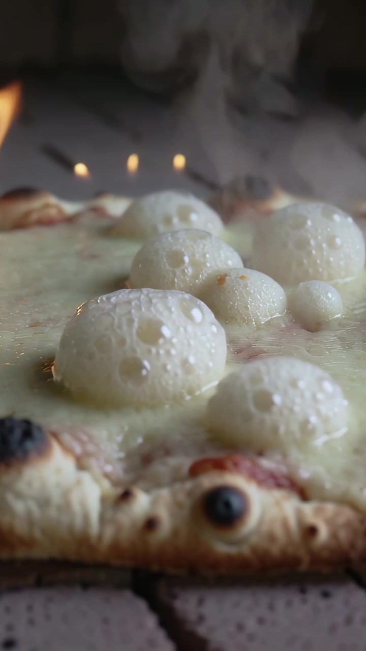 Video verticale: Pizza a crosta sottile che bolle formando bolle di mozzarella vicino alle fiamme nel forno