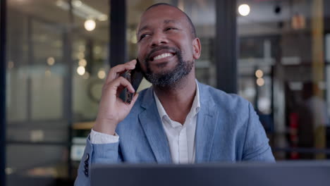 Black-man-in-office,-phone-call-for-networking