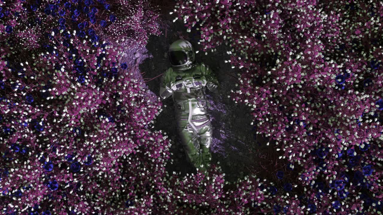 Astronaut resting amongst vibrant flowers on an alien landscape