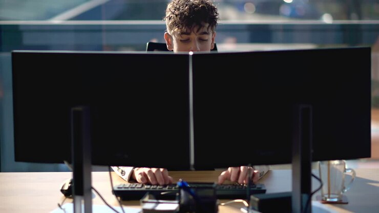 Ung mand arbejder på en computer på et kontor med vinduer i baggrunden