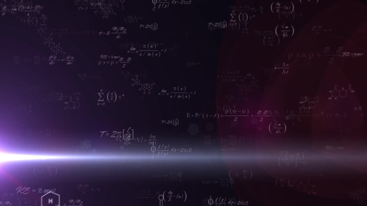 animación de ecuaciones matemáticas y rastro de luz sobre fondo negro