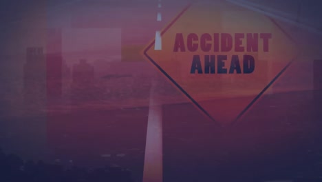 Animation-of-accident-ahead-road-sign,-data-processing-over-road-traffic-in-city