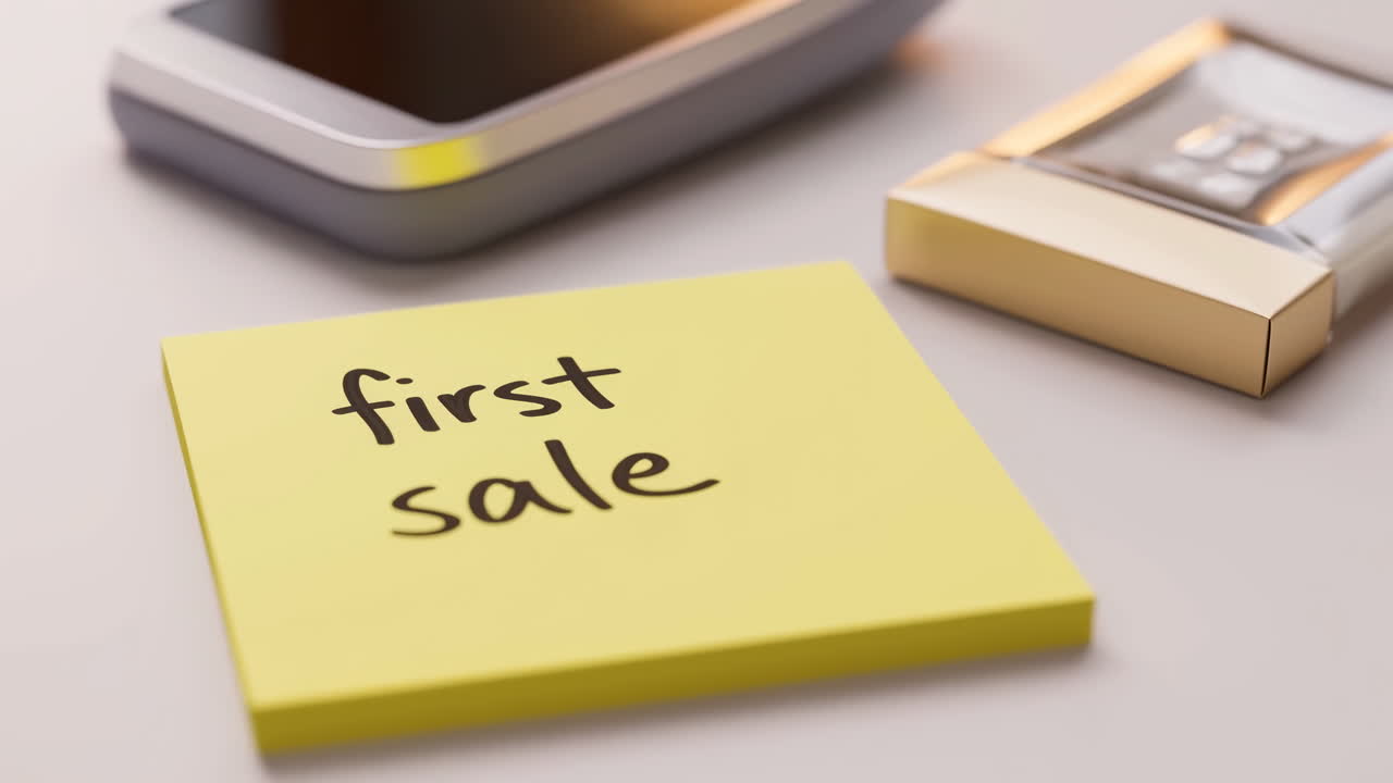 Gul post-it-note med teksten "Første Salg" ved siden af en mobiltelefon og en guldboks på et rent skrivebord, varm, blød belysning, minimalistisk