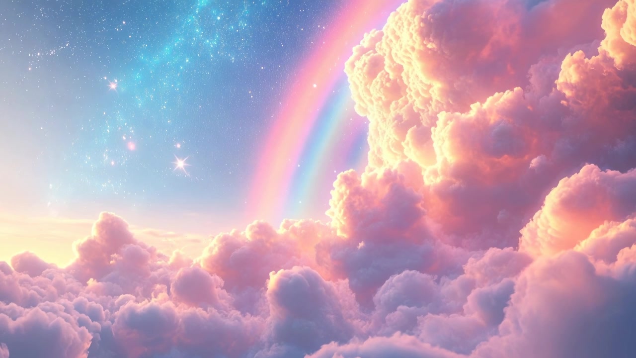 Awan Pastel Impian dengan Pelangi Cerah dan Langit Berkilau