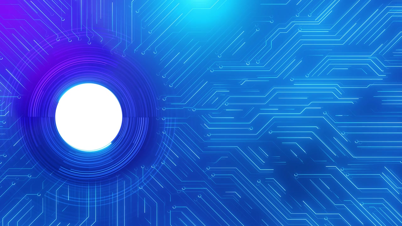 Bright blue electronic interface background circular core rings connected circuit lines across