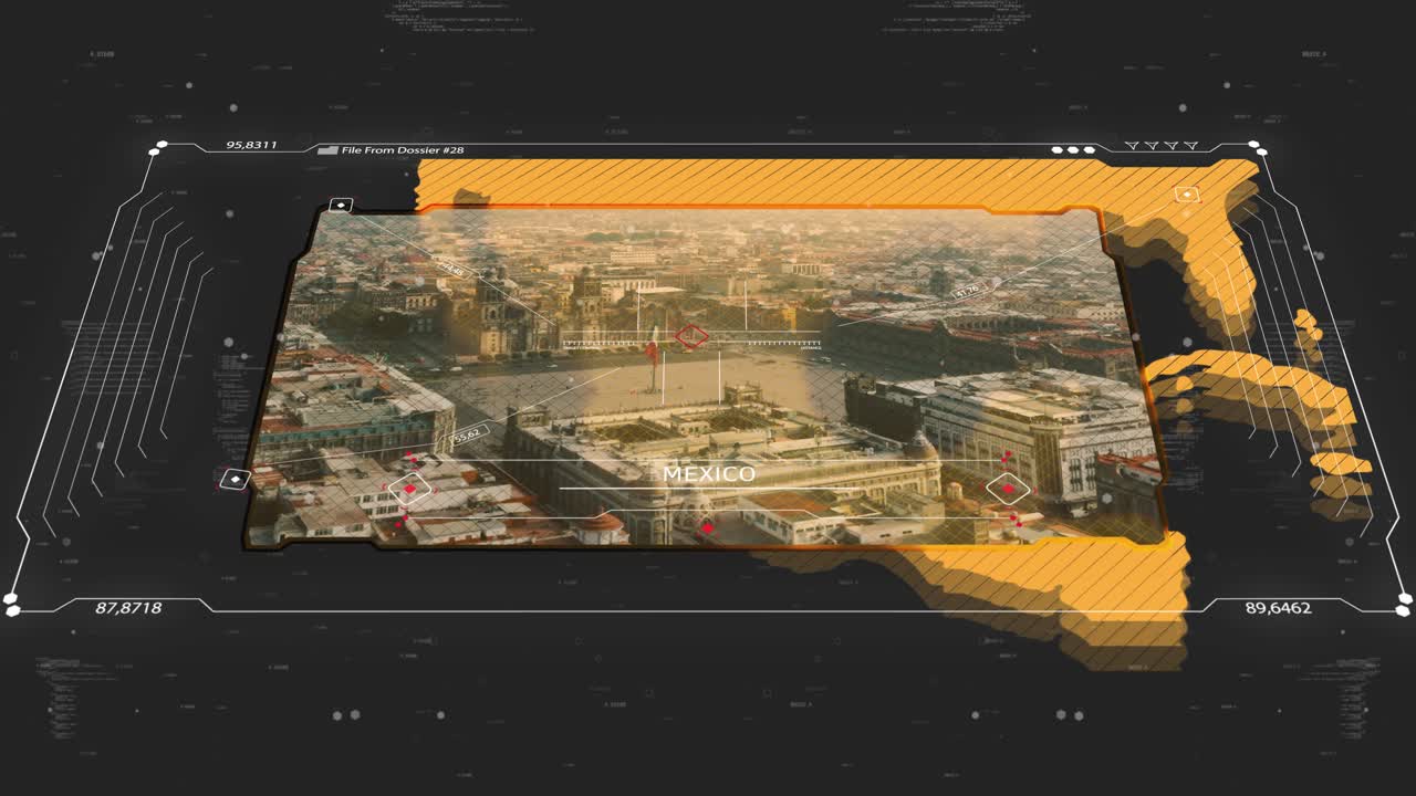 A cinematic intelligence briefing map for piracy. Great for intelligence briefs, secret missions, covert operations. 13 sec clip of a world map of Mexico 30fps 4k