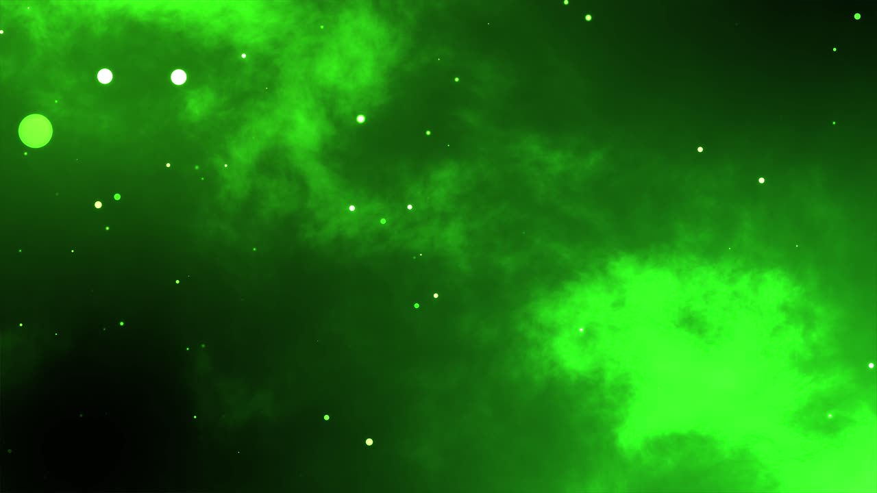 3D motion graphics baggrund med glødende partikler, solenergi, univers, nattescene, glitrende stjerner, magisk visuel effekt, 4K farve, mørkegrøn