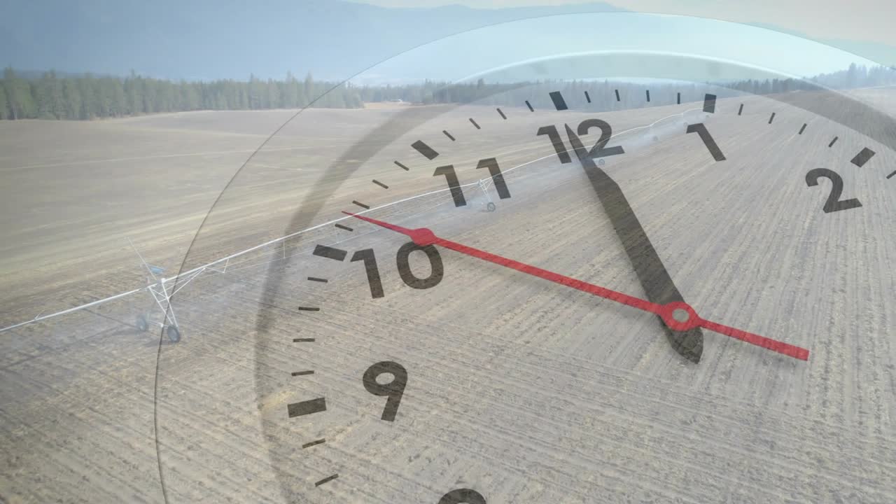 Transparent clock face animating and rotating, drone drifting and pivot shifting, showing farm time