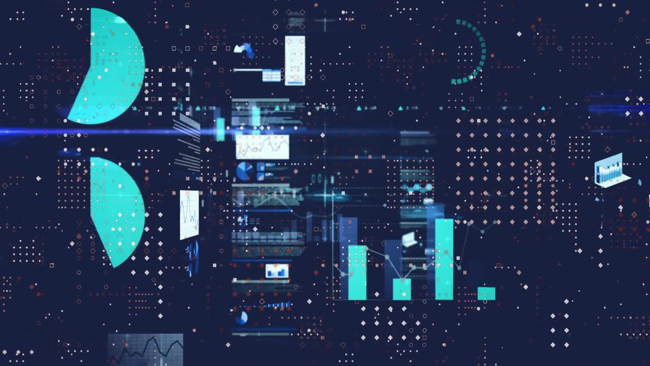 Animation of statistical data processing and microprocessor connections against blue background