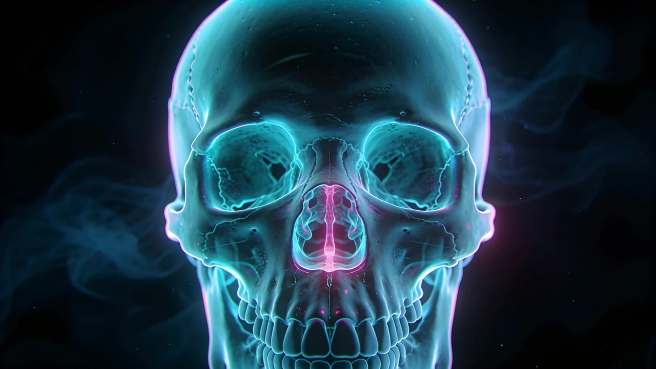 Telecamera che si allontana rivelando un teschio neon ciano-magenta nel vuoto nero, con la colonna nasale magenta pulsante.