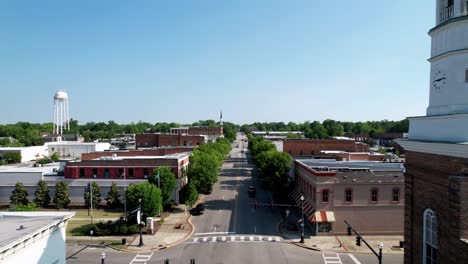 Camden-SC-Clock-Tower-fly-by-aerial,-Camden-South-Carolina,-Camden-SC,-Opera-House,-City-Hall,-Small-town-america,-Small-town-USA,-Hometown