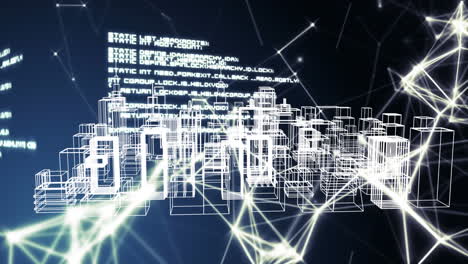 animación del procesamiento de datos y la red de conexiones sobre el dibujo 3d del paisaje urbano