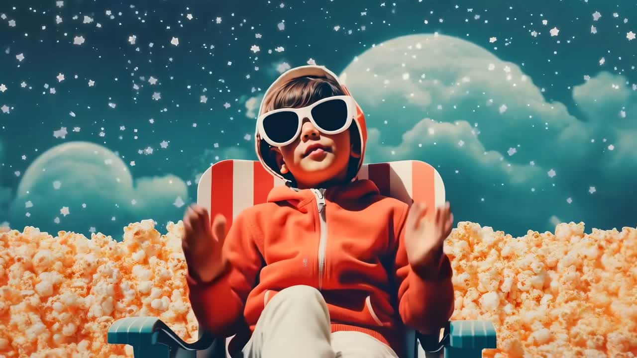 A whimsical video scene with a child in sunglasses, seated amid popcorn, under a starry sky