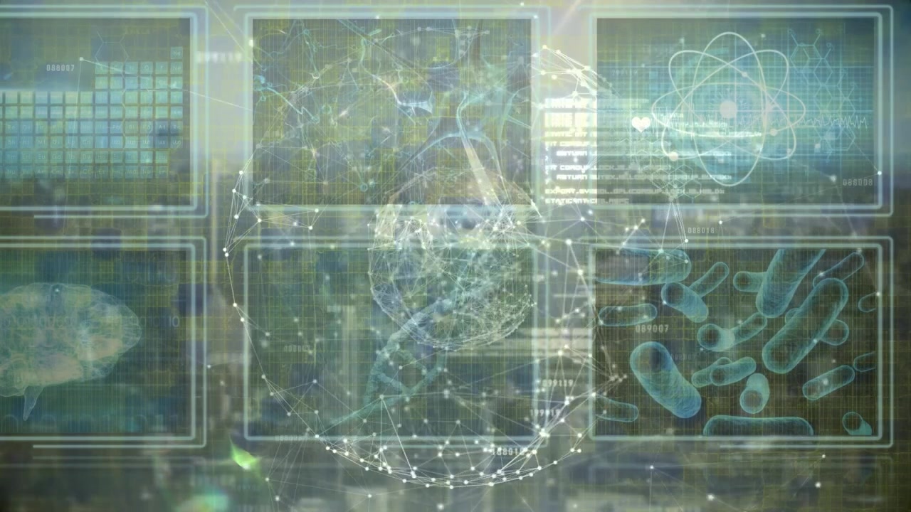 Animazione di elaborazione dati scientifici su sfondo scuro