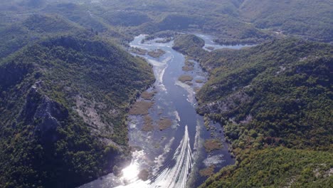 Wide-shot-of-Lake-Skadar-National-Park-Montenegro-during-day-time,-aerial