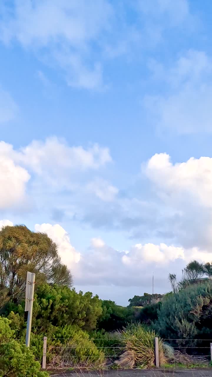 화려한 푸른 하늘 아래의 울창한 초록색과 멀리 떨어진 집들의 조용한 장면, 위대한 바다 도로를 따라 포착되었습니다.