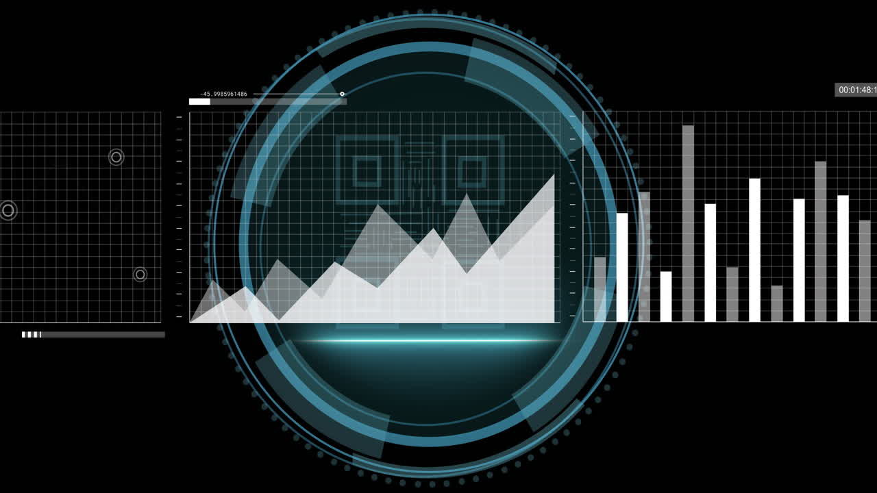 Animation of statistical data processing over cyber security text and qr code on round scanner