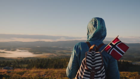 una mujer con una mochila y una bandera noruega camina por el pintoresco sendero de montaña en noruega