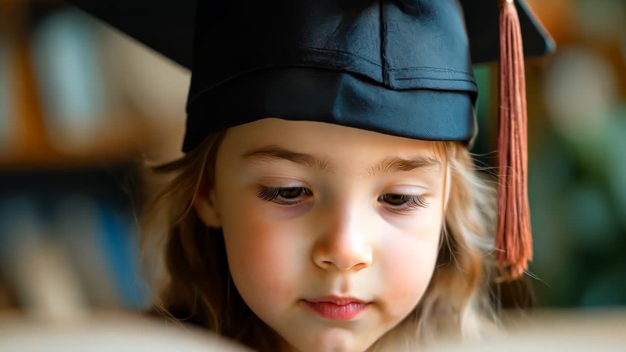 졸업 모자 와 옷 을 입은 어린 소녀 가 책 을 읽고 있다