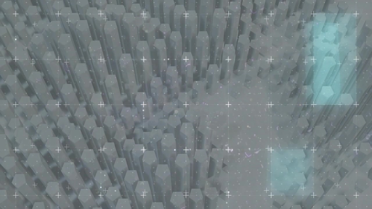 Scan line starting and scanning dense pillar field, drifting view, teal highlights marking clusters
