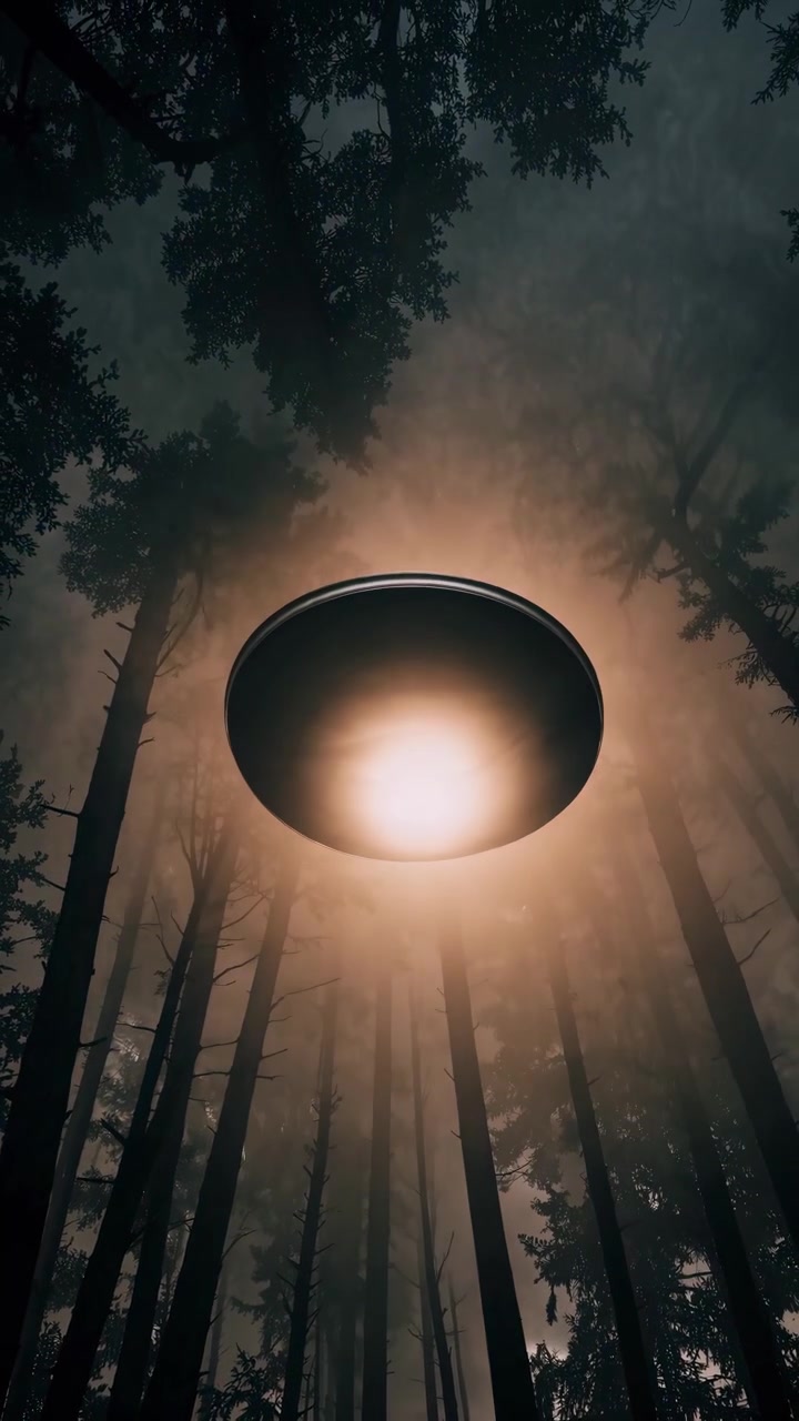 Glødende UFO som svever over en tåkete skog om natten