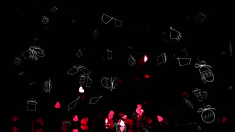 Animation-Von-Weihnachtsdekorationssymbolen-über-Leuchtend-Rosa-Herzen