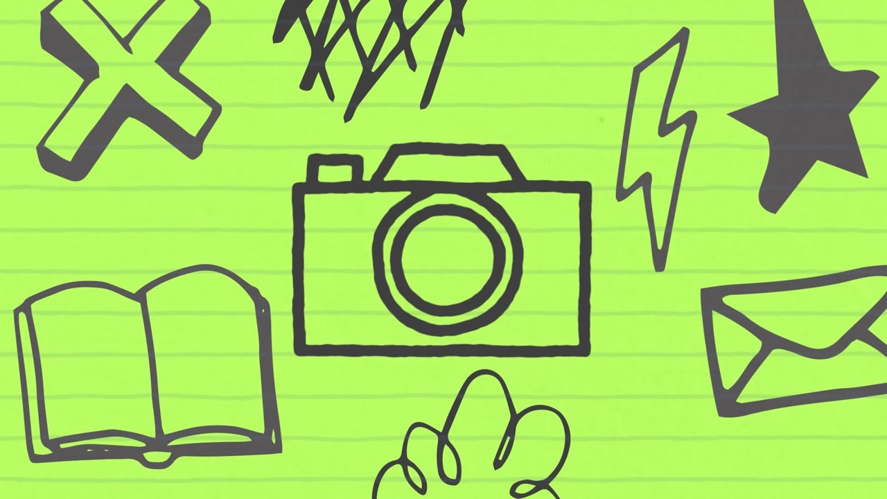 Animation of hand drawing on green background with camera and shapes