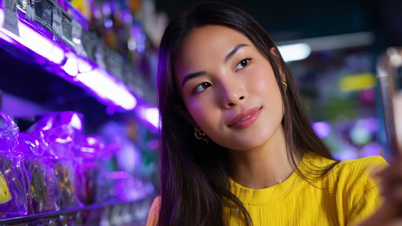 A young woman with a charming smile captures a moment in vibrant lighting while taking a selfie in a colorful store filled with products, showcasing her style and confidence in this engaging visual narrative