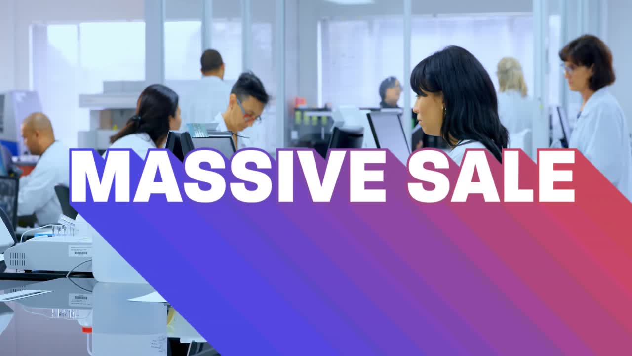 실험실에서 다양한 과학자들에 대한 대규모 판매 텍스트의 애니메이션.