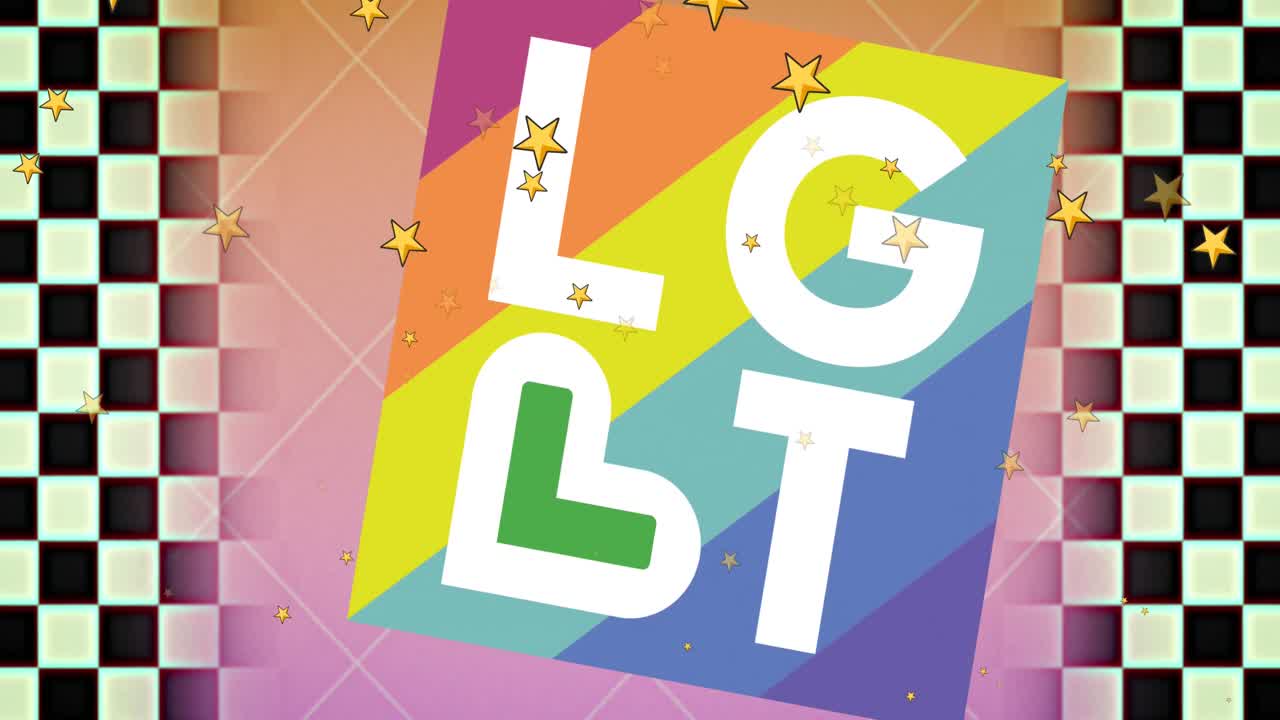 무지개 사각형과 체크된 배경 위의 lbgt의 애니메이션