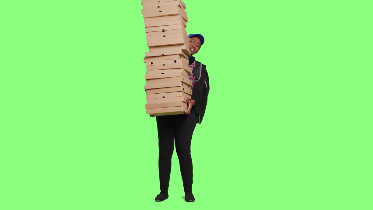 Person holding a large stack of pizza boxes in front of a green screen