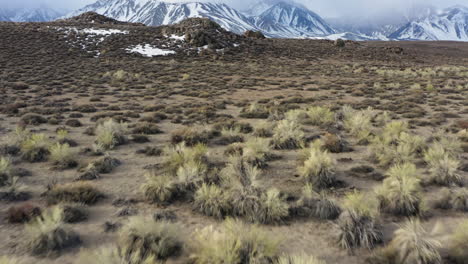 fly forward scene revealing the eastern sierra nevada mountain chain natural landscape in california, contrast between arid desert and winter mountain landscape