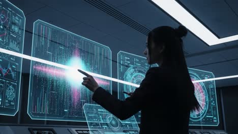 a professional analyzing complex data visualizations in a high-tech control room with interactive displays for advanced insights and decision making