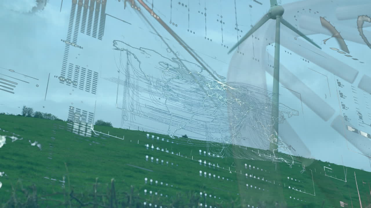 Wind turbine generating power in green field with digital animation overlay map