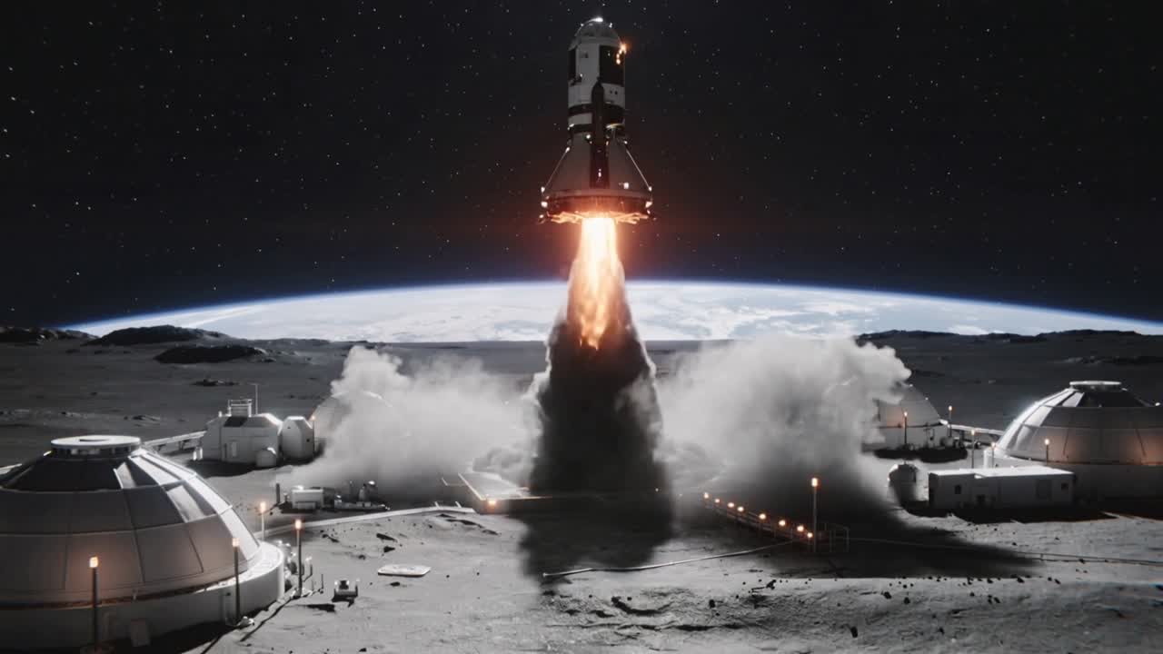 Accendendo i motori, un razzo bicolore si alza da una piattaforma lunare all'alba, sollevando una colonna di polvere, partendo dalla base.
