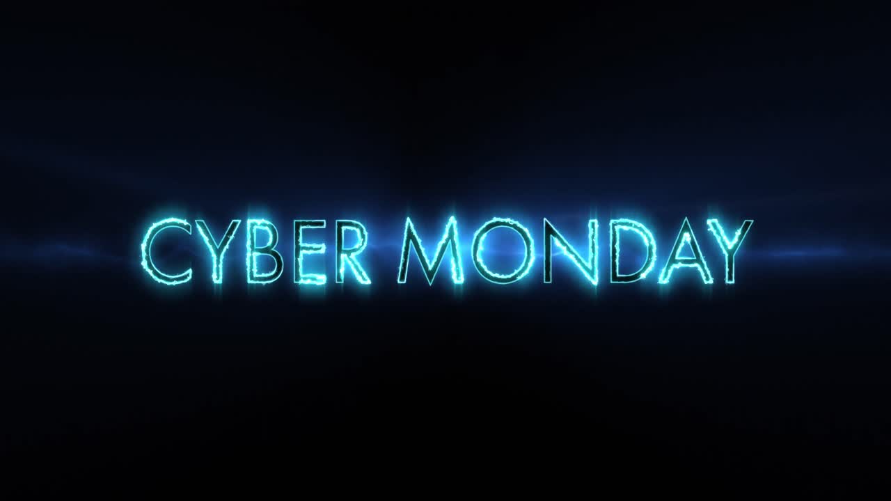 네온 파란 사이버 월요일 텍스트가 검은 화면 4k에 나타납니다.