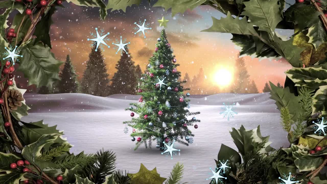 크리스마스 트리와 겨울 풍경 위에 내리는 눈의 애니메이션