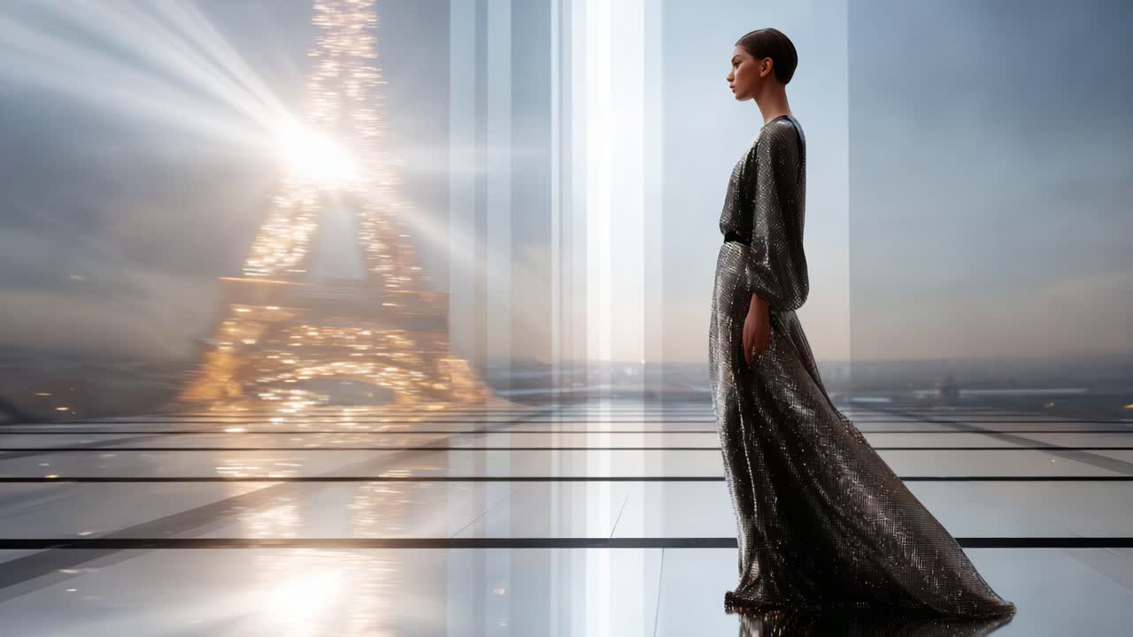Elegant model i funklende kjole står foran Eiffeltårnet, oplyst af blødt lys, hvilket skaber en fantastisk fashion-scene i et urbant område.