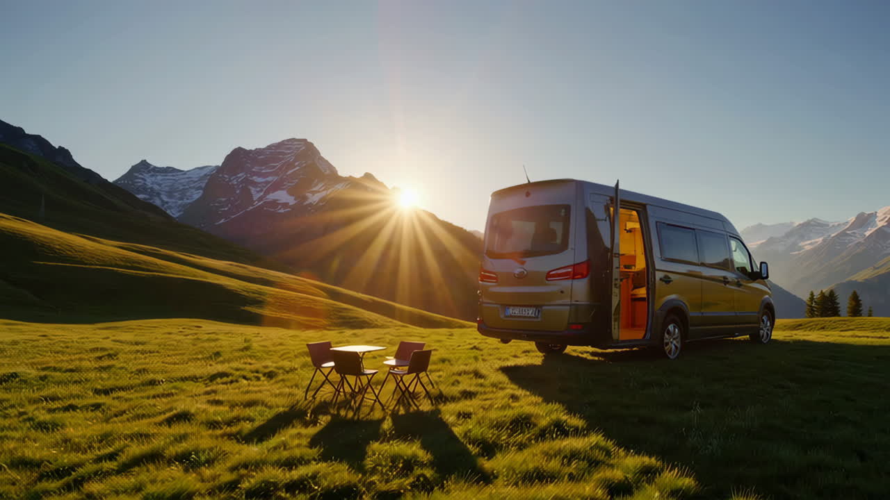 Campervan in a Mountain Landscape at Sunrise