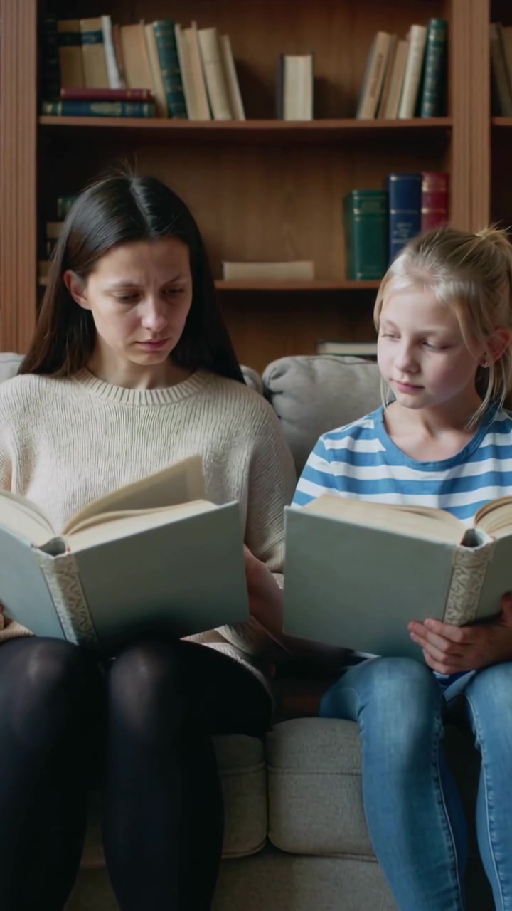 Vertical video: Turning page mom in sweater glancing to compare pages with daughter at home on sofa